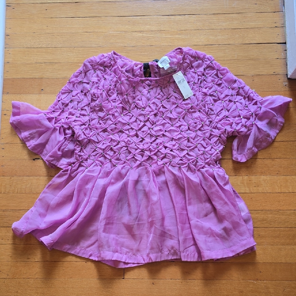 NWT, Anthropologie, Maeve Short-Sleeve Rhinestone Sheer Babydoll Blouse, L